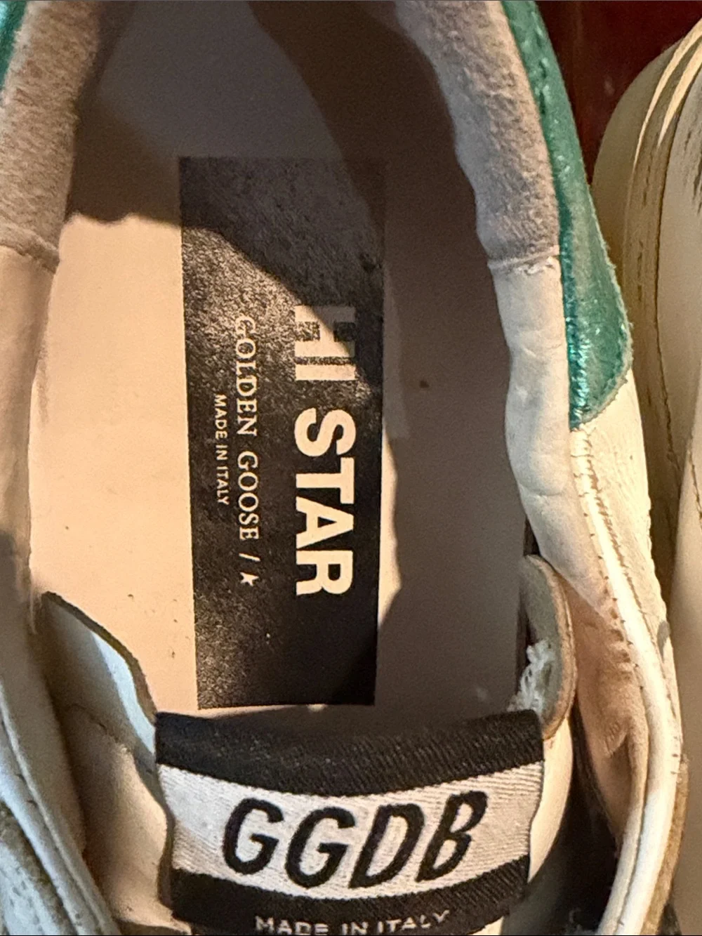 Golden Goose white leather sneakers with teal heel tabs fits 71/2